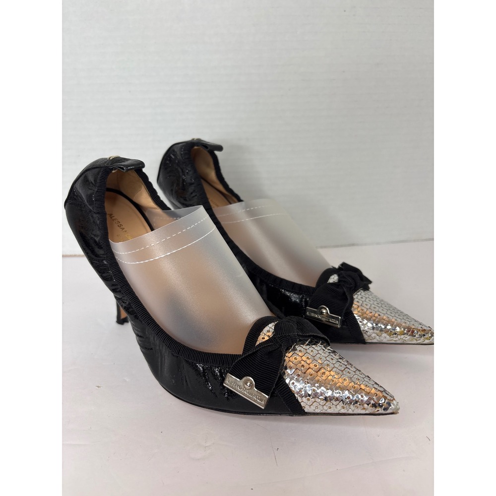 Alessandro Dell'Acqua Black Cracked Patent Leather Sequined Bow Pumps Heels 37